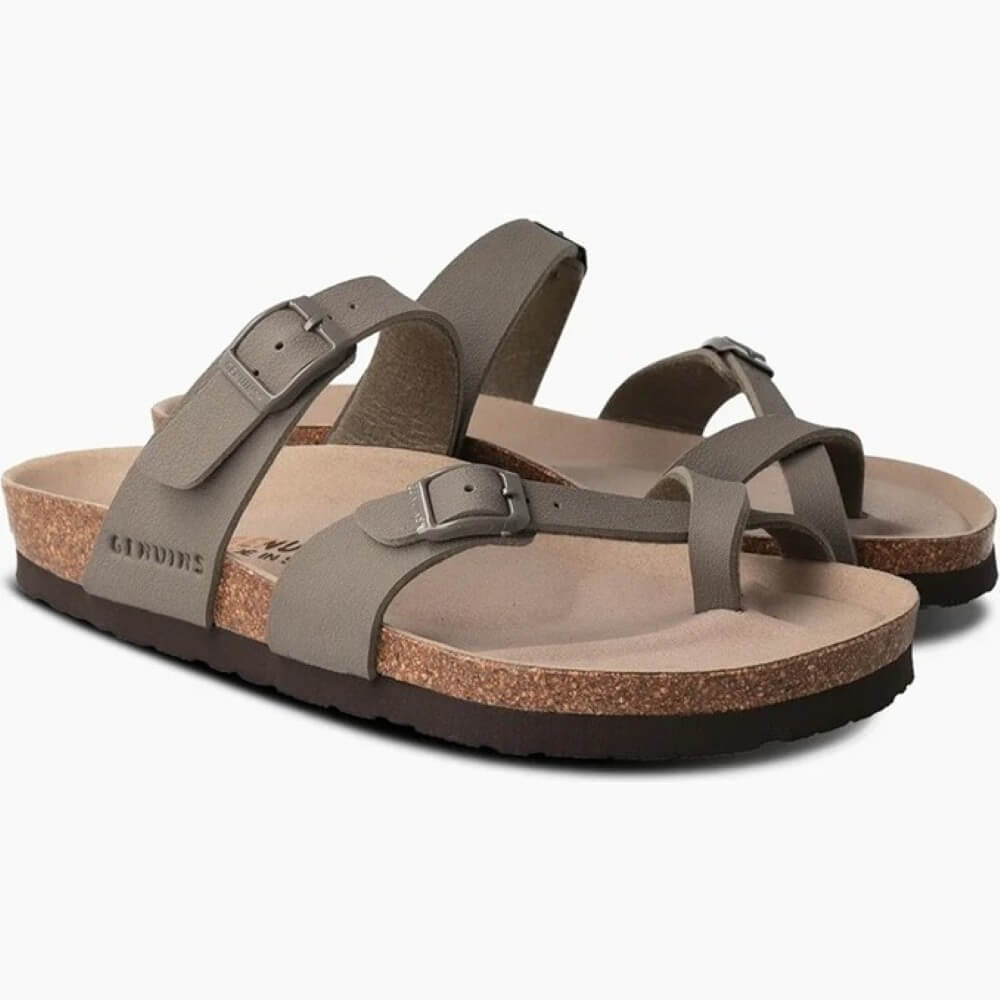 Pair of brown Genuins sandals with cork sole on a white background
