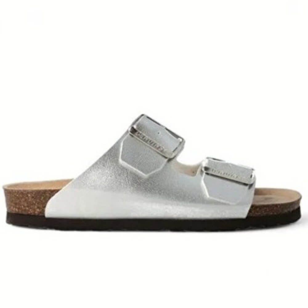 Genuins Silver sandal with a strap on a white background