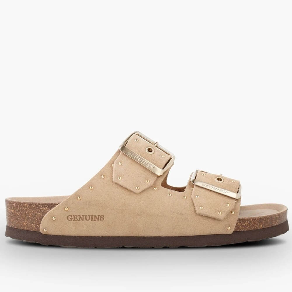 Genuins Beige sandal with gold buckles on a white background