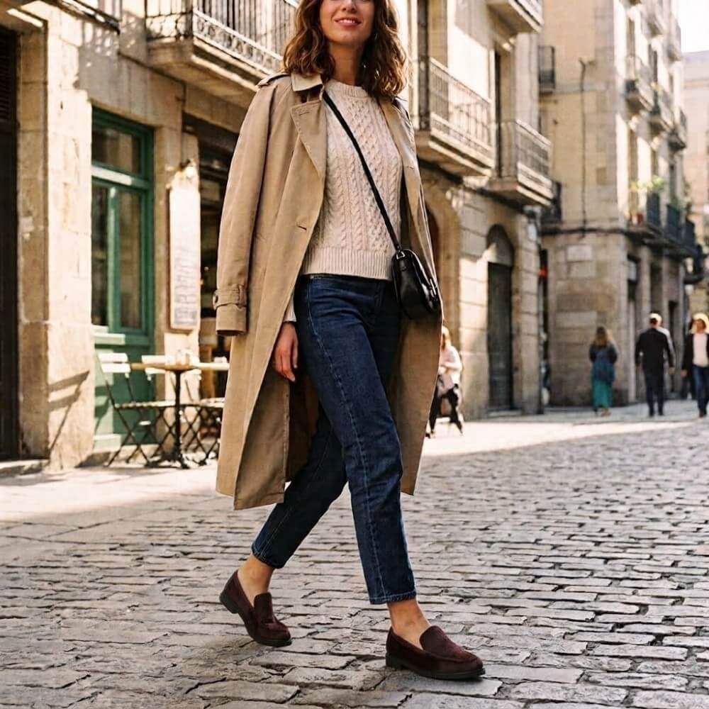 A woman wearing Gioseppo burgundy suede loafers walking on a cobblestone street wearing a beige trench coat over a cream knit sweater, dark blue jeans,  with a black shoulder bag.
