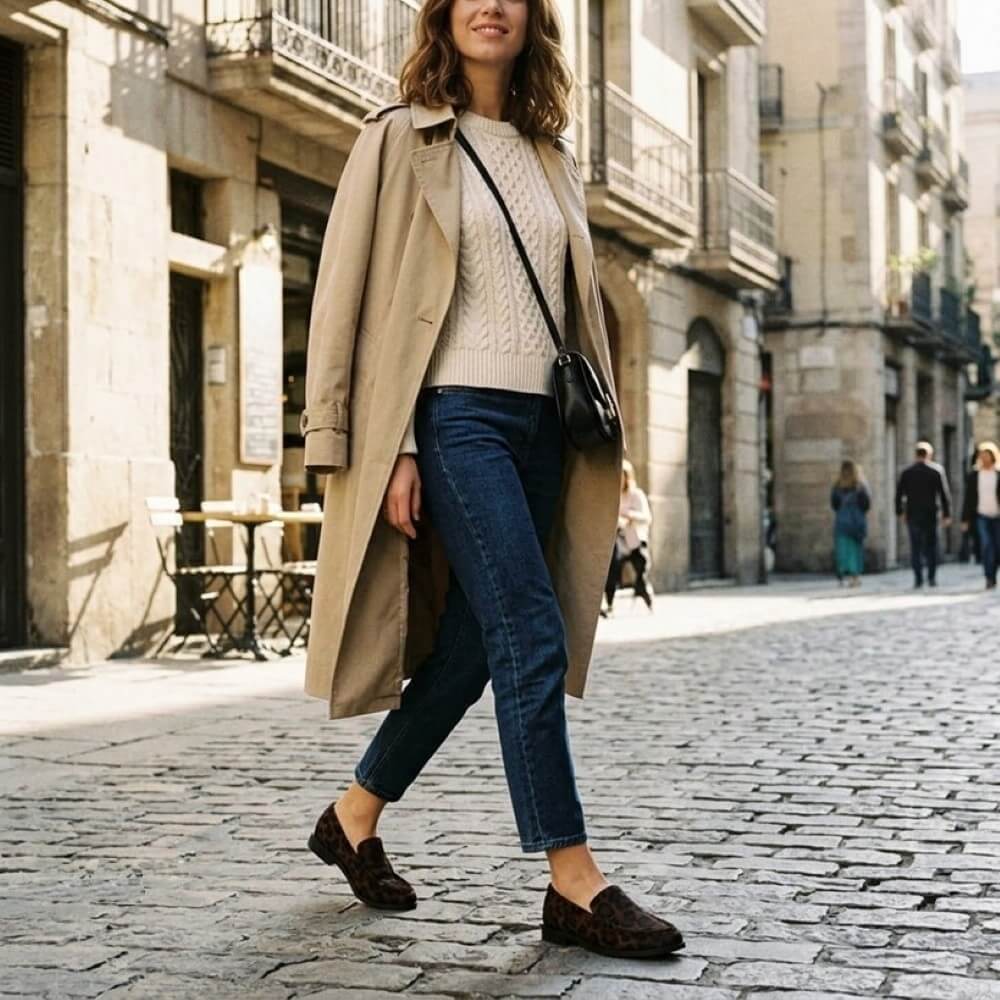 A woman wearing Gioseppo leopard suede loafers walking on a cobblestone street wearing a beige trench coat over a cream knit sweater, dark blue jeans,  with a black shoulder bag.