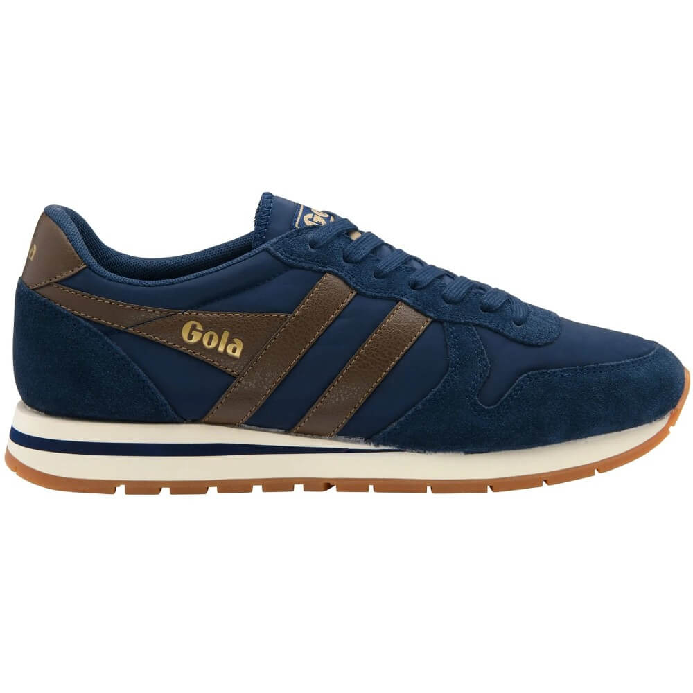A navy blue suede and mesh sneaker with brown leather side stripes and gold 'Gola' branding, shown in a side profile on a white background.