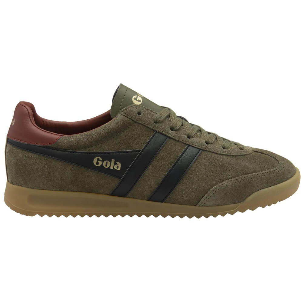 A Gola brand low-top sneaker in olive green suede, featuring black side stripes, a brown leather heel tab, and a tan gum sole, shown from a side profile on a white background.