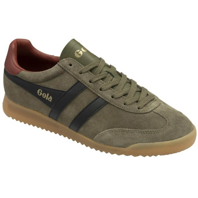 A Gola brand low-top sneaker in olive green suede, featuring black side stripes, a brown leather heel tab, and a tan gum sole, shown from a side profile on a white background.