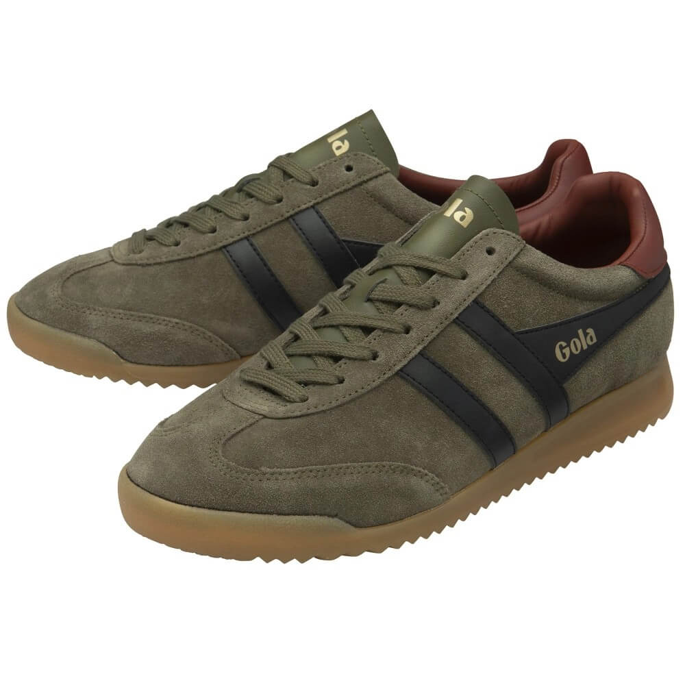 Pair of Gola green suede sneakers with brown soles on a white background