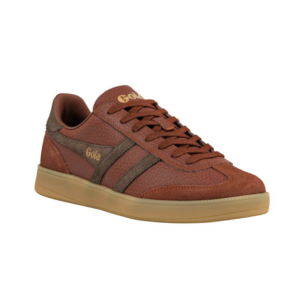 A brown leather Gola sneaker with brown laces, brown side stripes, and a tan gum sole, shown from a three-quarters angle on a white background.
