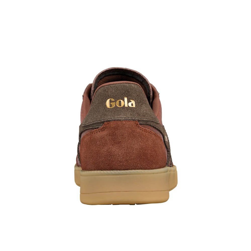 A single brown suede and canvas low-top sneaker shown from the back, featuring a tan sole and the brand name 'Gola' in gold lettering on the heel tab.