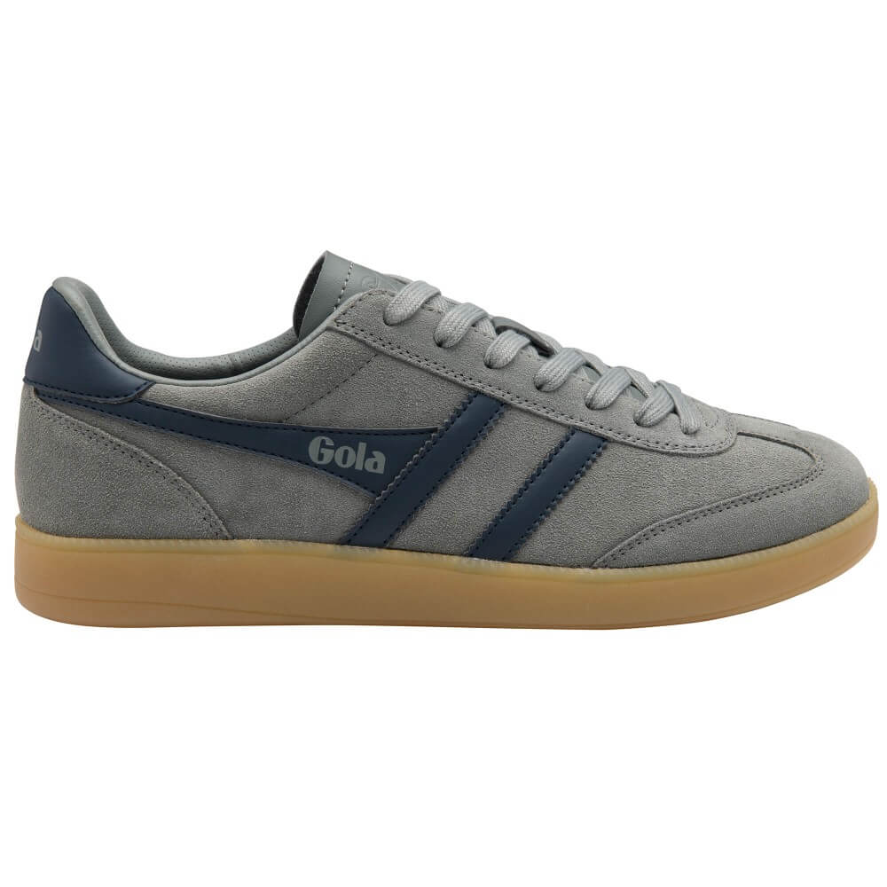A gray suede and synthetic fabric sneaker with navy blue side stripes, a gray laces, and a gum rubber sole. The brand name 'Gola' is printed on the side.