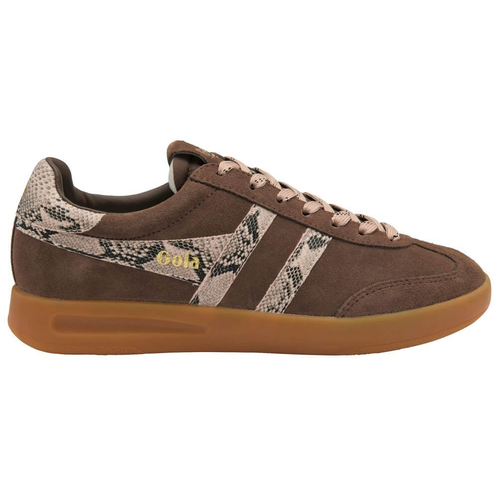 A Gola brown suede sneaker with snakeskin-patterned side stripes, beige laces, and a gum brown sole, shown from a side profile on a white background.
