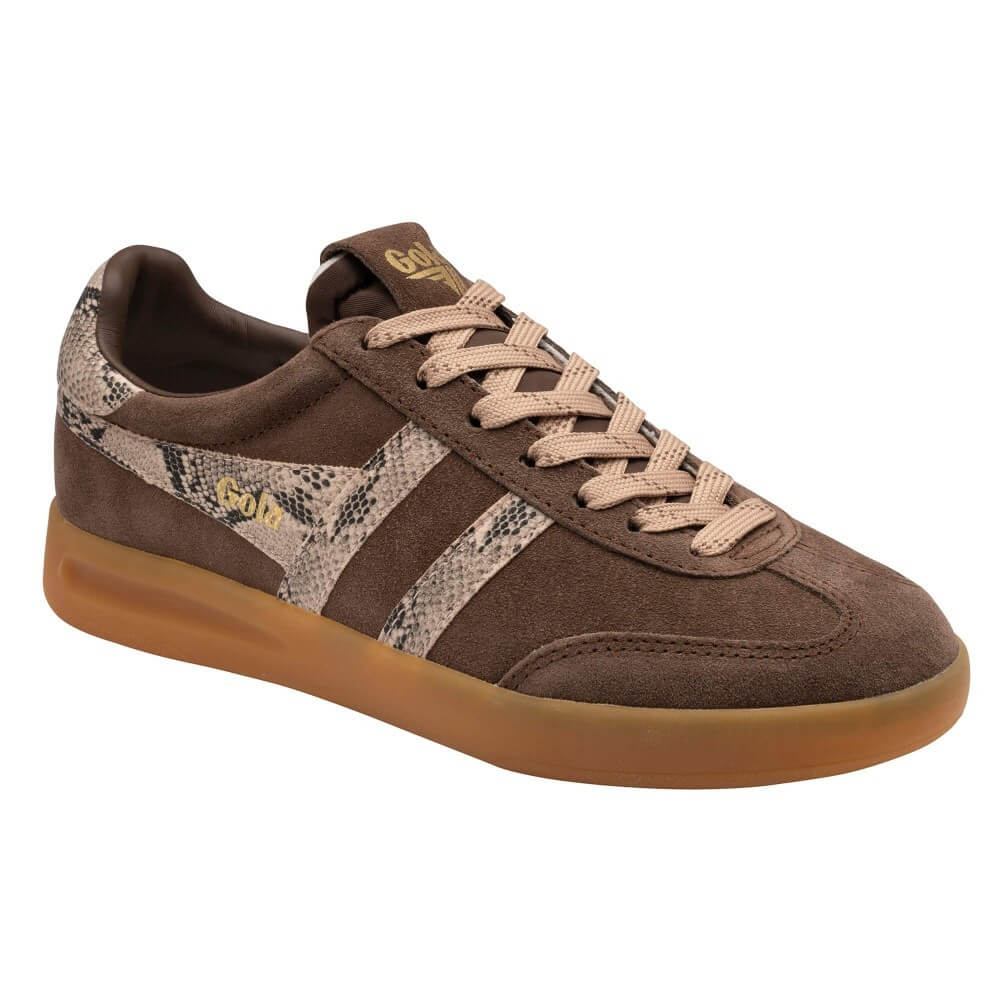 A Gola brown suede sneaker with beige and brown snakeskin-patterned side stripes, beige laces, and a translucent gum sole, shown on a plain white background.