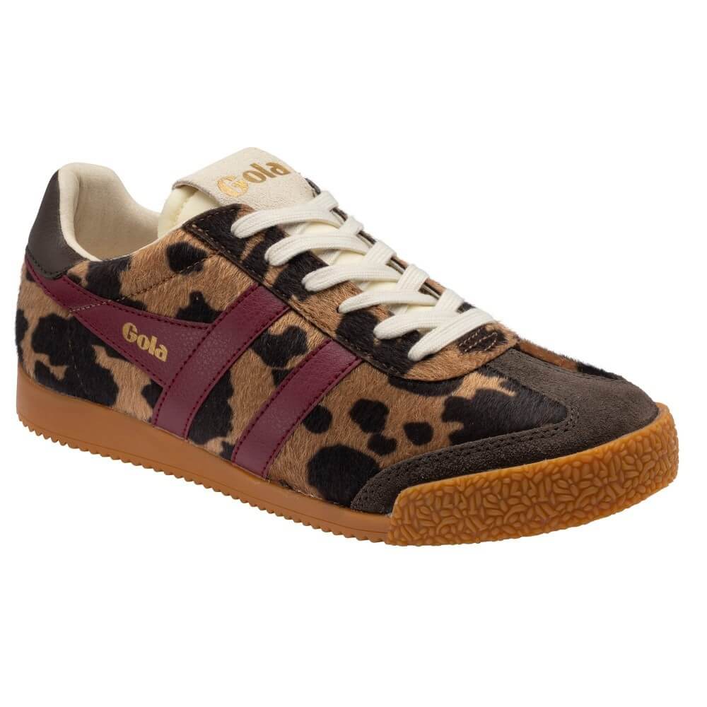 A Gola brand low-top sneaker featuring a brown and black leopard print upper, burgundy leather side stripes, cream laces, and a brown gum sole, shown against a plain white background.