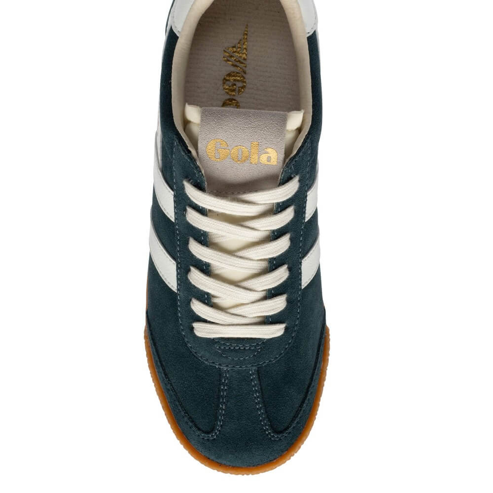A single Gola brand sneaker shown from a top-down view, featuring a dark teal suede upper with three white side stripes, cream laces, a beige tongue, and a brown gum sole, set against a plain white background.