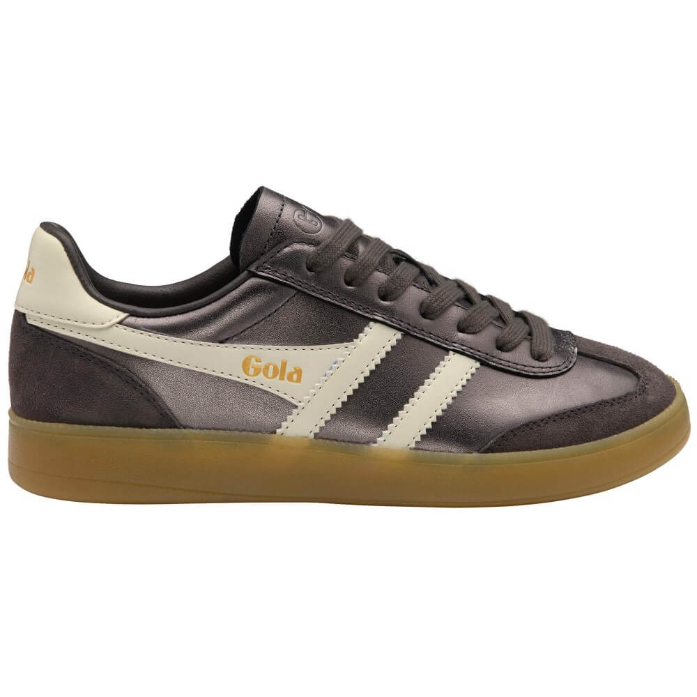 Gray sneaker with white stripes and gold Gola logo on a white background