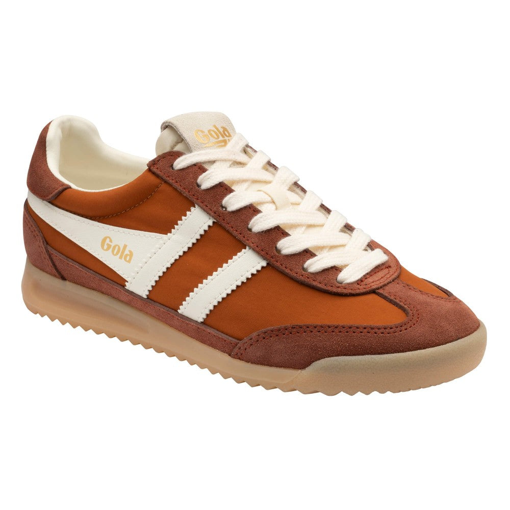 A low-top sneaker in brown suede and canvas with white stripes, white laces, and a beige sole, branded 'Gola'.