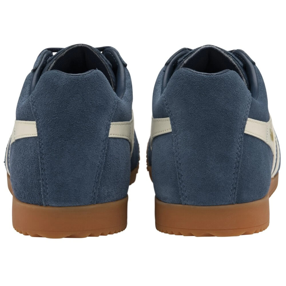 Gola Harrier Navy Blue sneaker with white stripes and brown sole on a white background