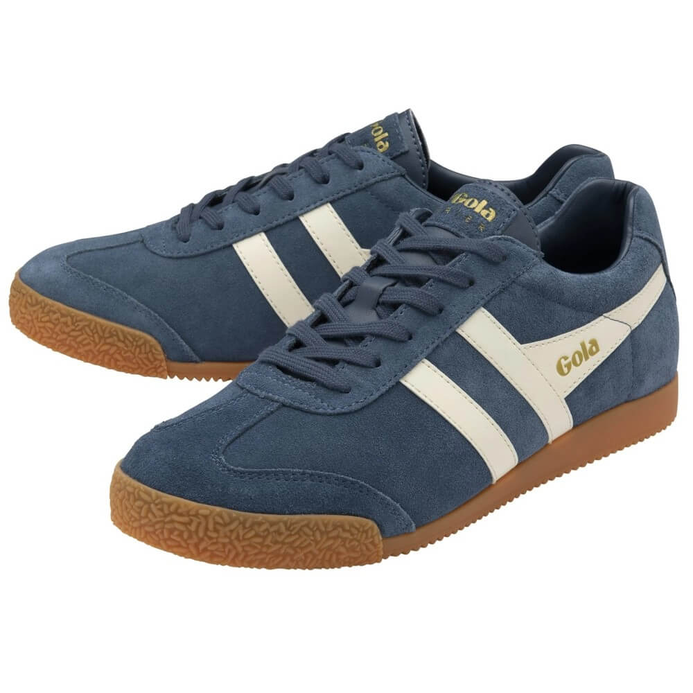 Gola Harrier Navy Blue sneaker with white stripes and brown sole on a white background