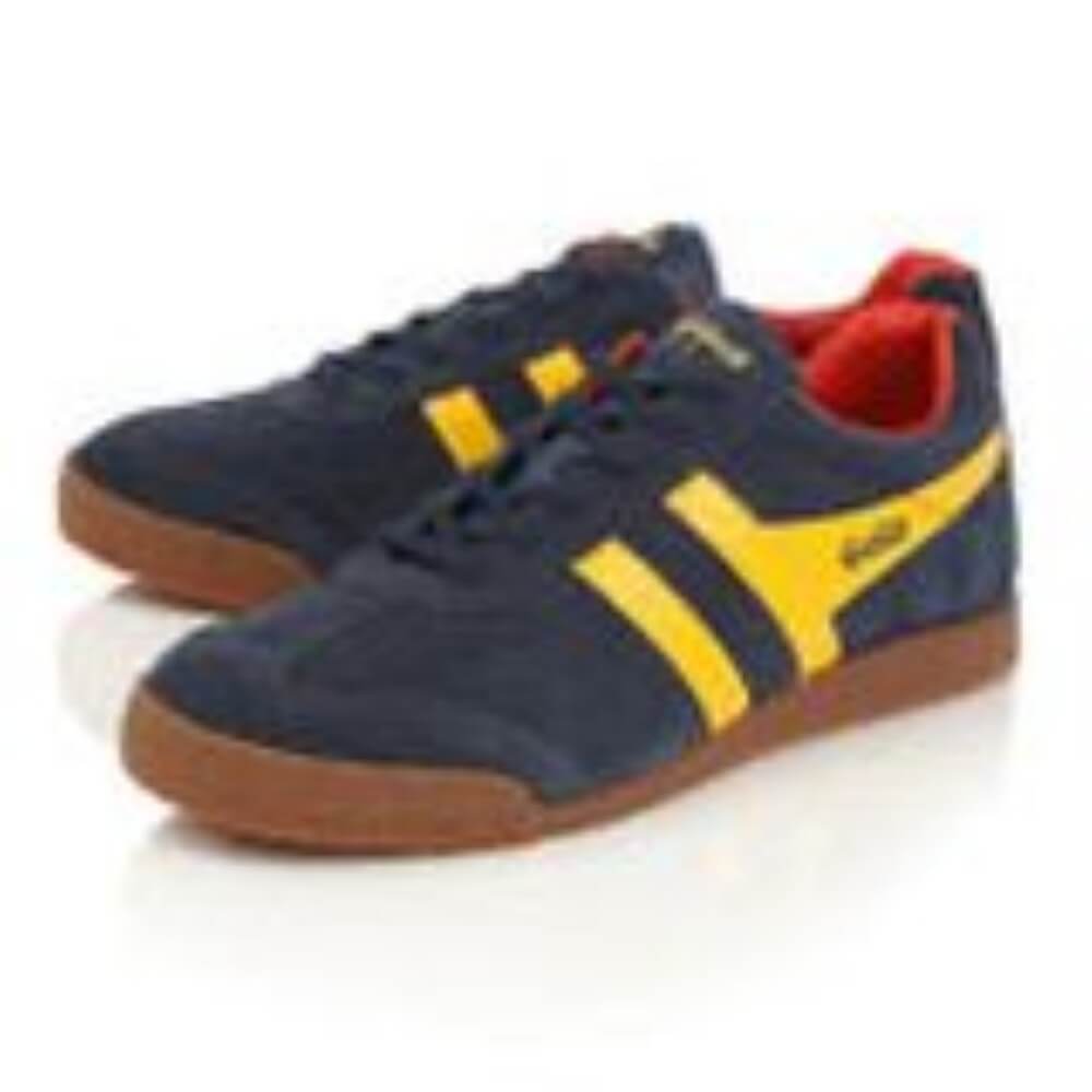 Gola Harrier Blue sneaker with yellow stripes and red interior on a white background