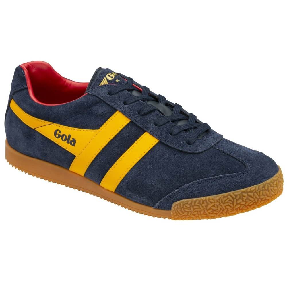 Gola Harrier Blue sneaker with yellow stripes and red interior on a white background