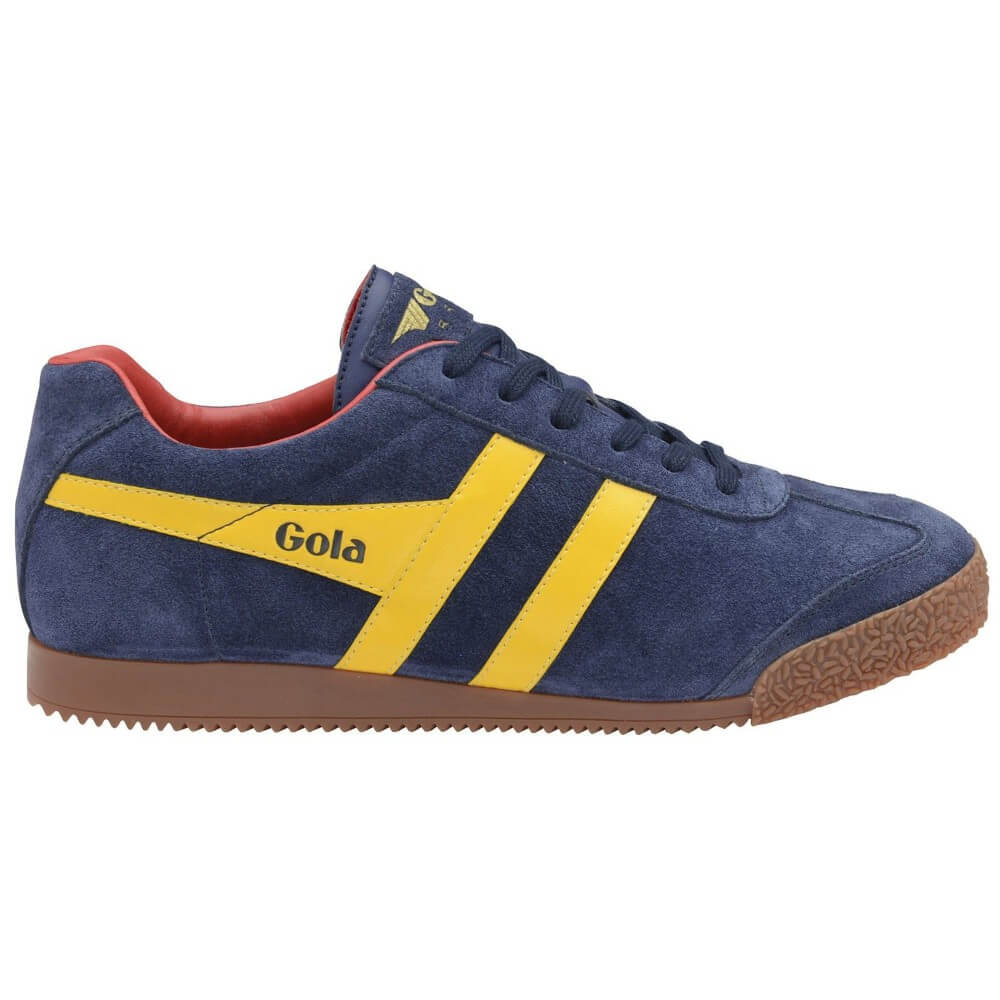 Gola Harrier Blue sneaker with yellow stripes and red interior on a white background