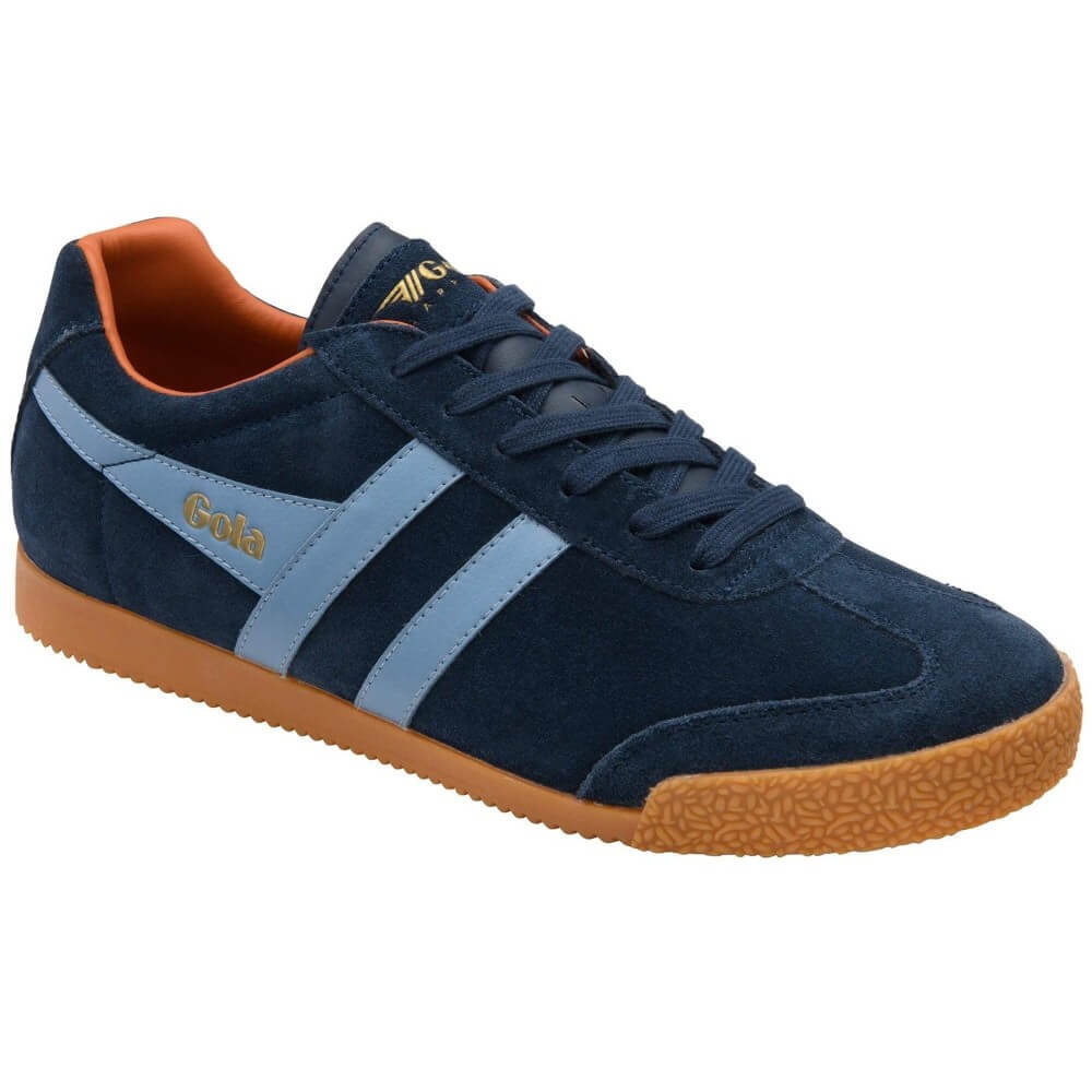 Gola Harrier Navy blue sneaker with brown sole on a white background