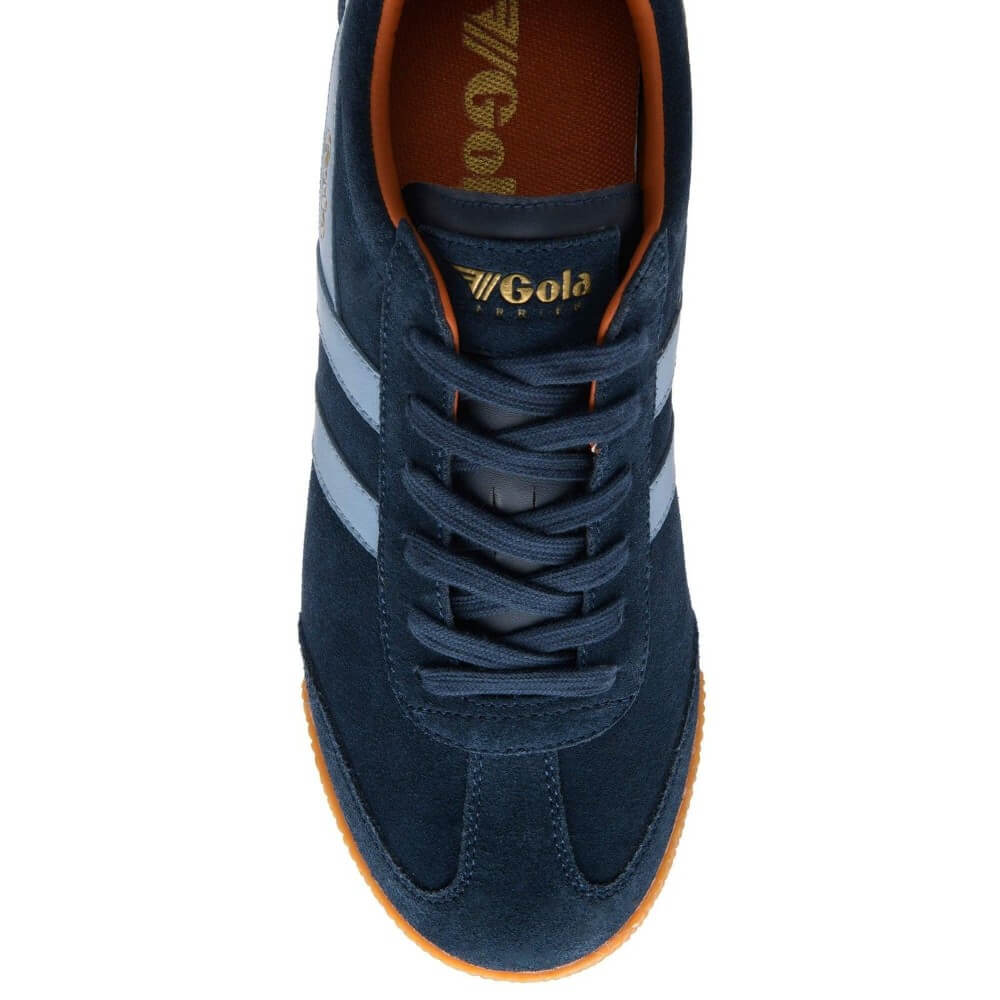 Gola Harrier Navy blue sneaker with brown sole on a white background