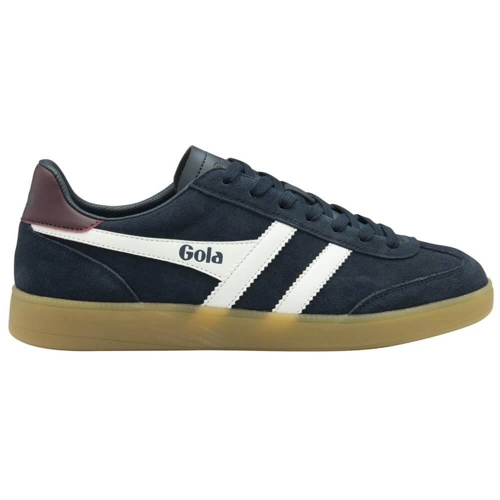 Gola Viper Navy blue sneaker with white stripes and brown sole on a white background