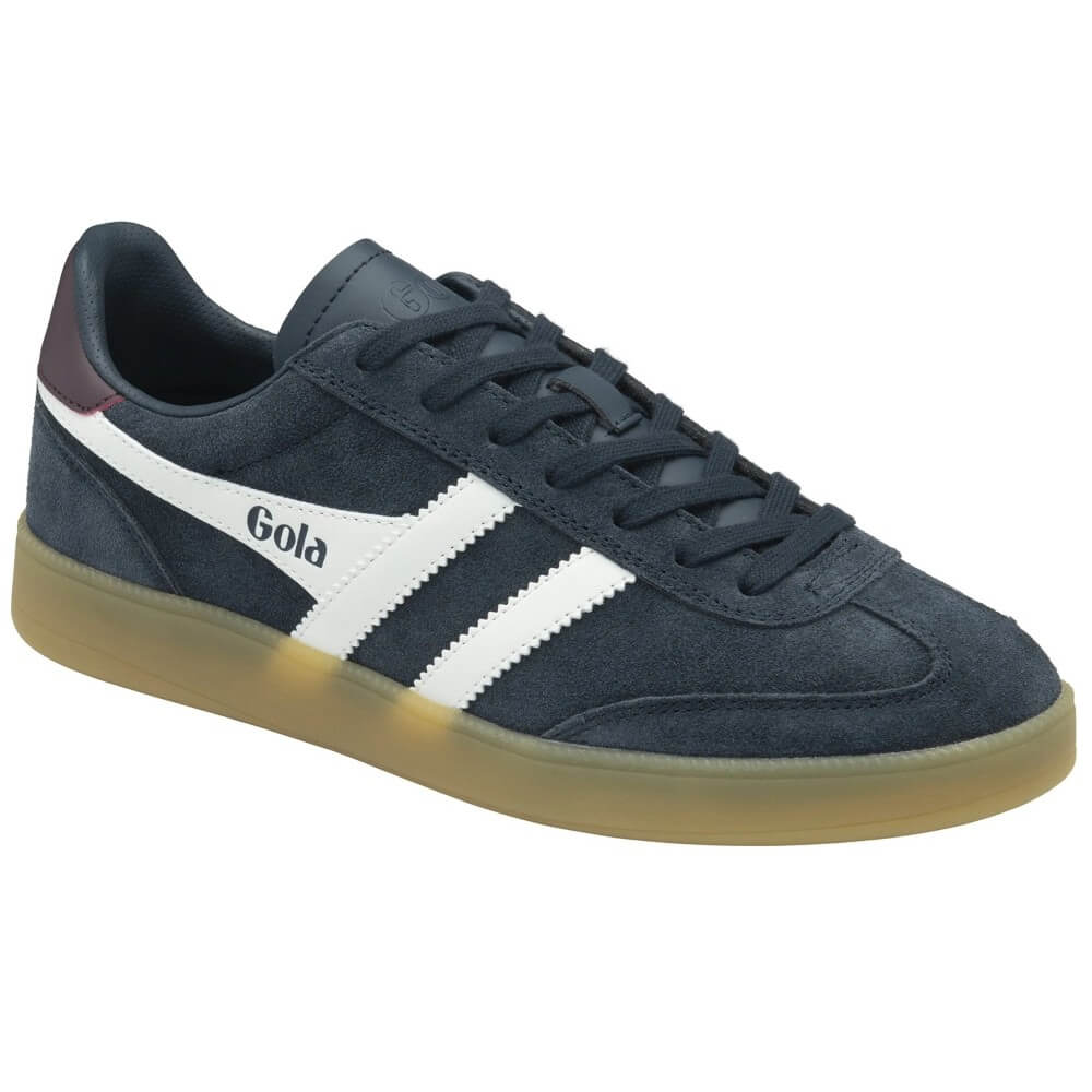 Gola Viper Navy blue sneaker with white stripes and brown sole on a white background