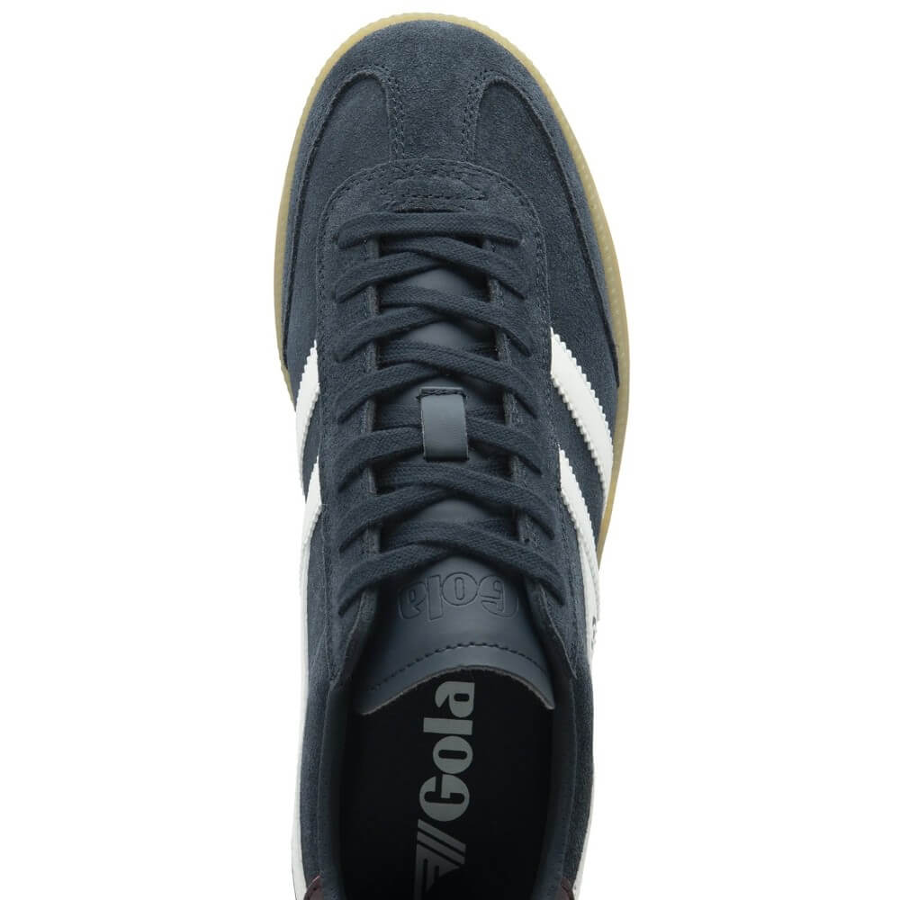 Gola Viper Navy blue sneaker with white stripes and brown sole on a white background