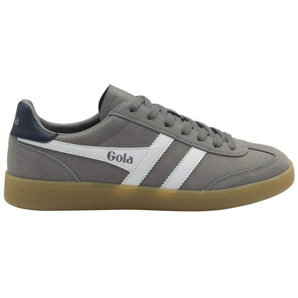 Gray sneaker with white stripes and 'Gola' branding on a white background