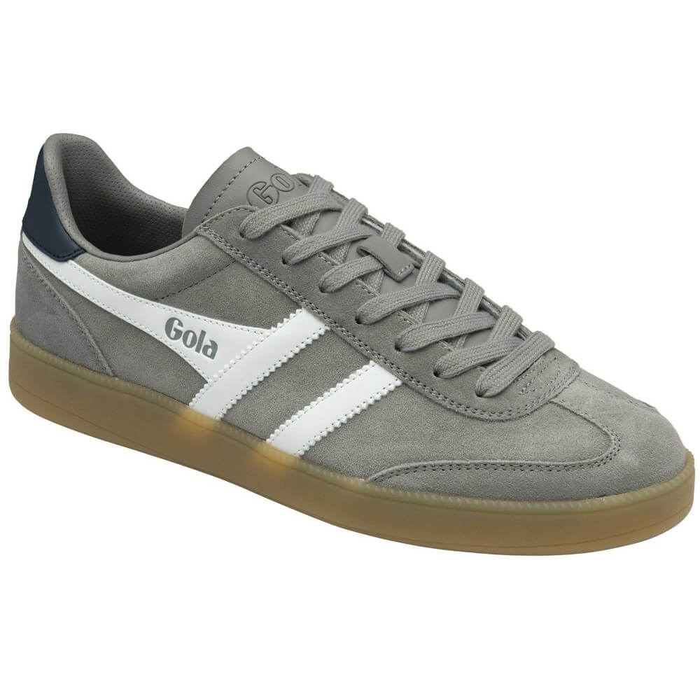 Gray sneaker with white stripes and 'Gola' branding on a white background