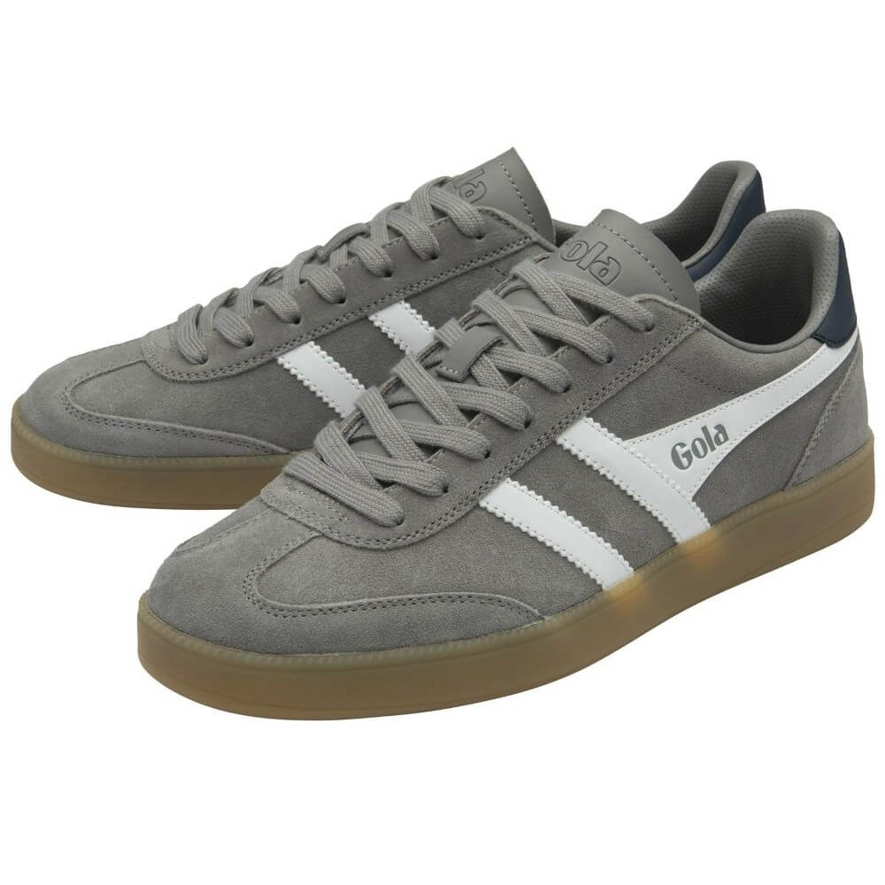 Gray sneakers with white stripes and 'Gola' branding on a white background