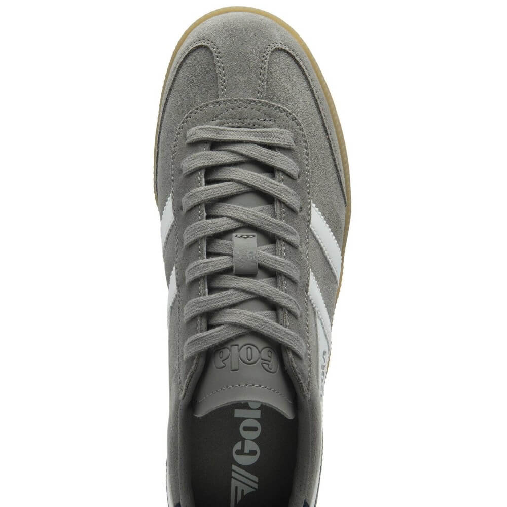 Gray sneaker with white stripes and 'Gola' branding on a white background