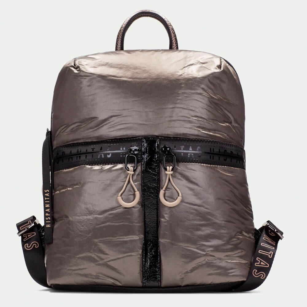 Metallic silver backpack with black zippers on a light gray background Hispanitas Backpack BI254159  Taupe Black