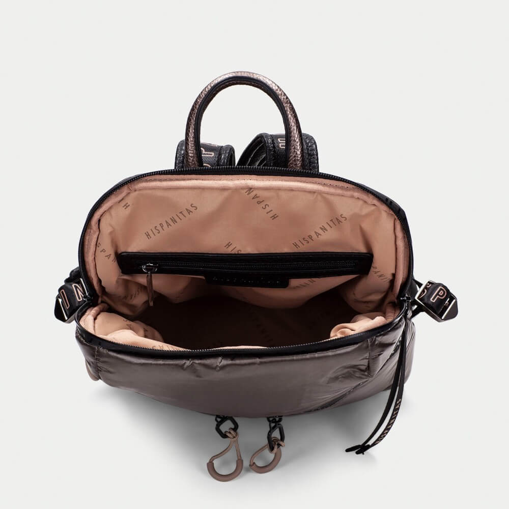 Metallic silver backpack with black zippers on a light gray background Hispanitas Backpack BI254159  Taupe Black