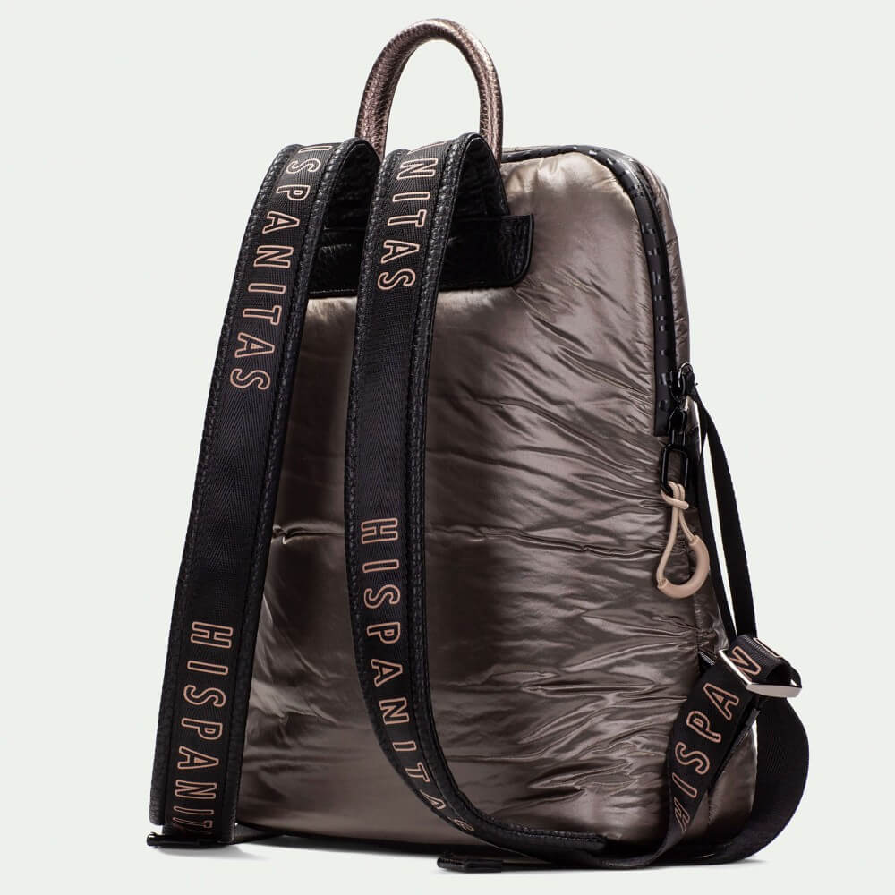 Metallic silver backpack with black zippers on a light gray background Hispanitas Backpack BI254159  Taupe Black