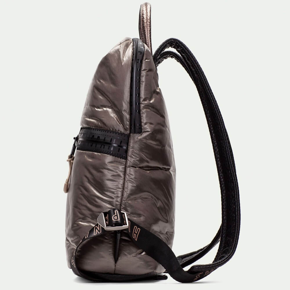 Metallic silver backpack with black zippers on a light gray background Hispanitas Backpack BI254159  Taupe Black