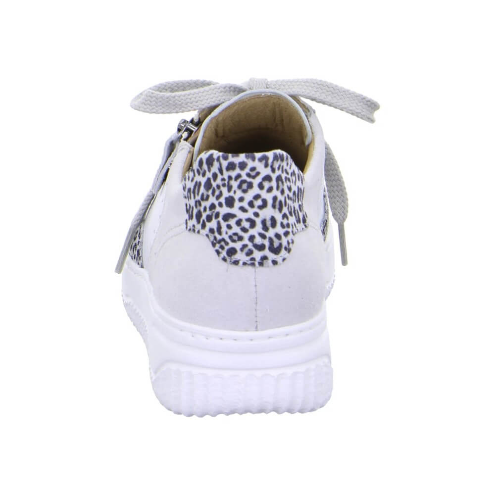 Hartjes silver  sneaker with leopard print accents on a white background