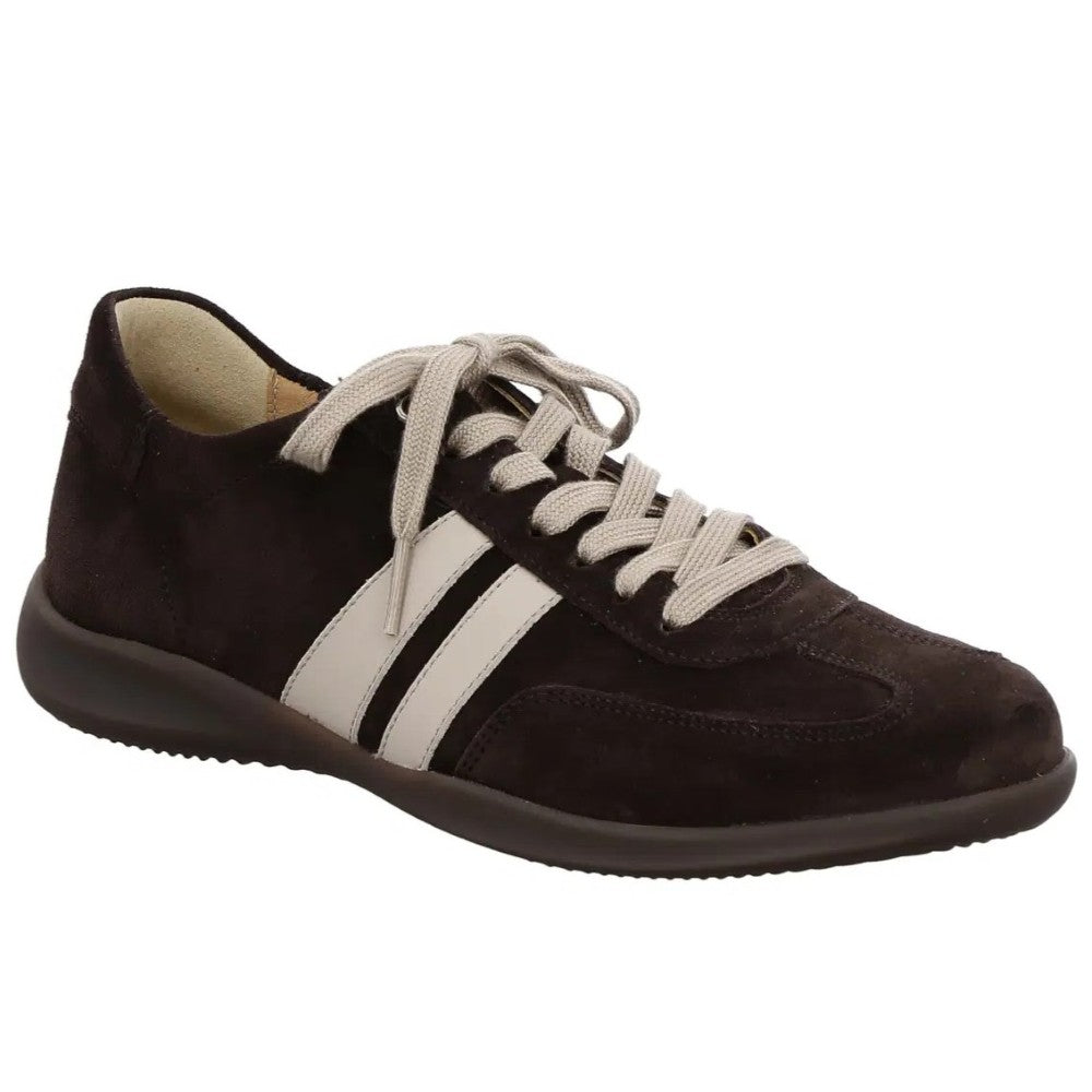 A dark brown suede sneaker with three wide off-white stripes on the side, off-white laces, and a dark brown sole, shown against a plain white background.