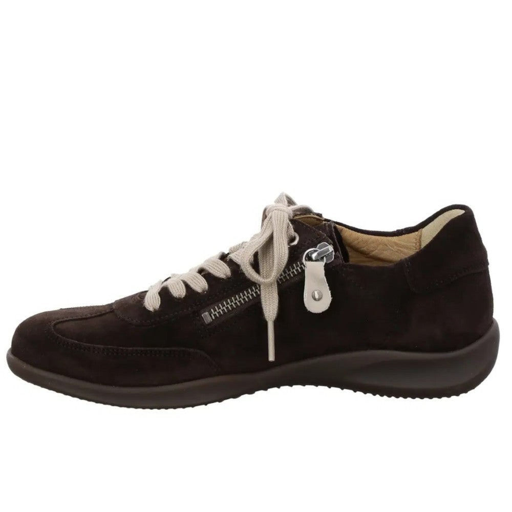 A Hartjes dark brown suede sneaker with off-white laces, a side zipper, and a   pull tab, shown in profile against a white background.