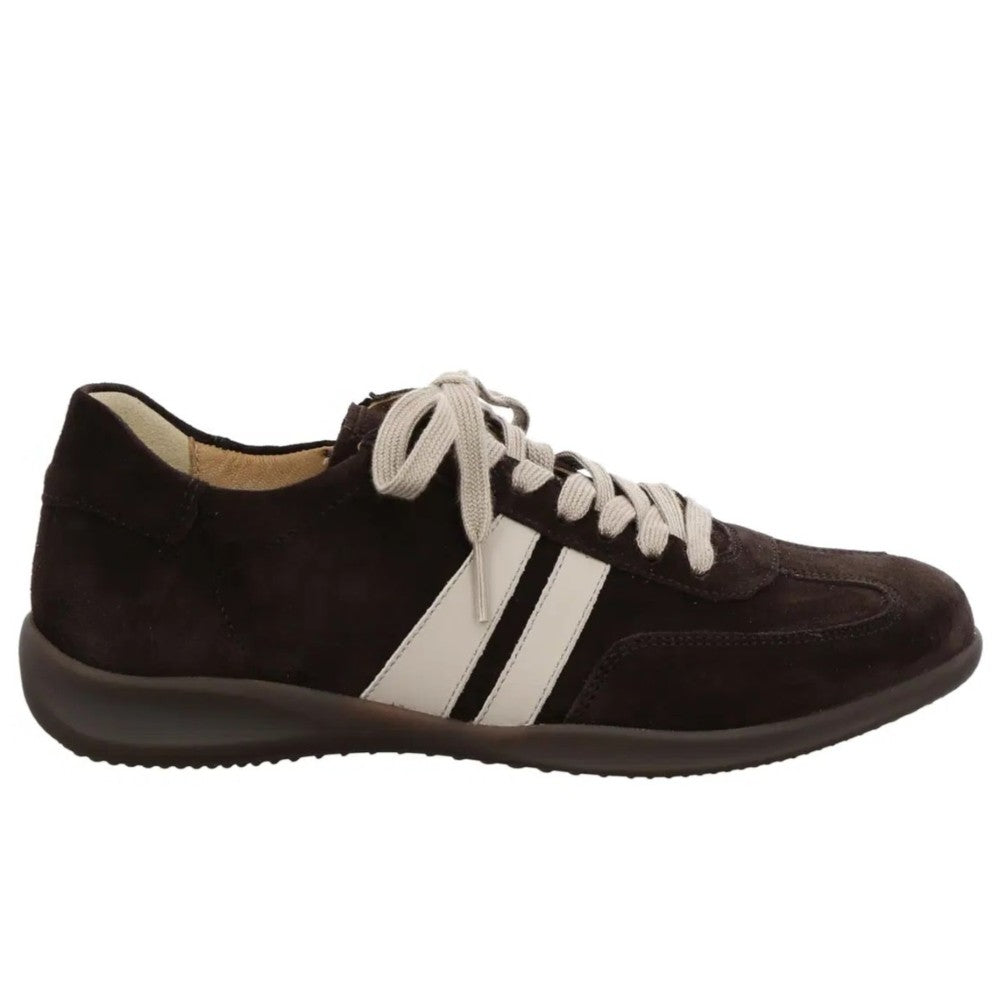 A Hartjes dark brown suede sneaker with two white stripes on the side and white laces, shown in a side profile view against a plain white background.