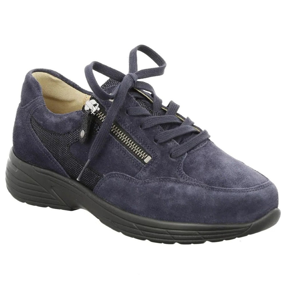 A Hartjes  navy blue extra wide sneaker with a side zipper, navy laces, and a black sole, shown from a side profile view on a white background.