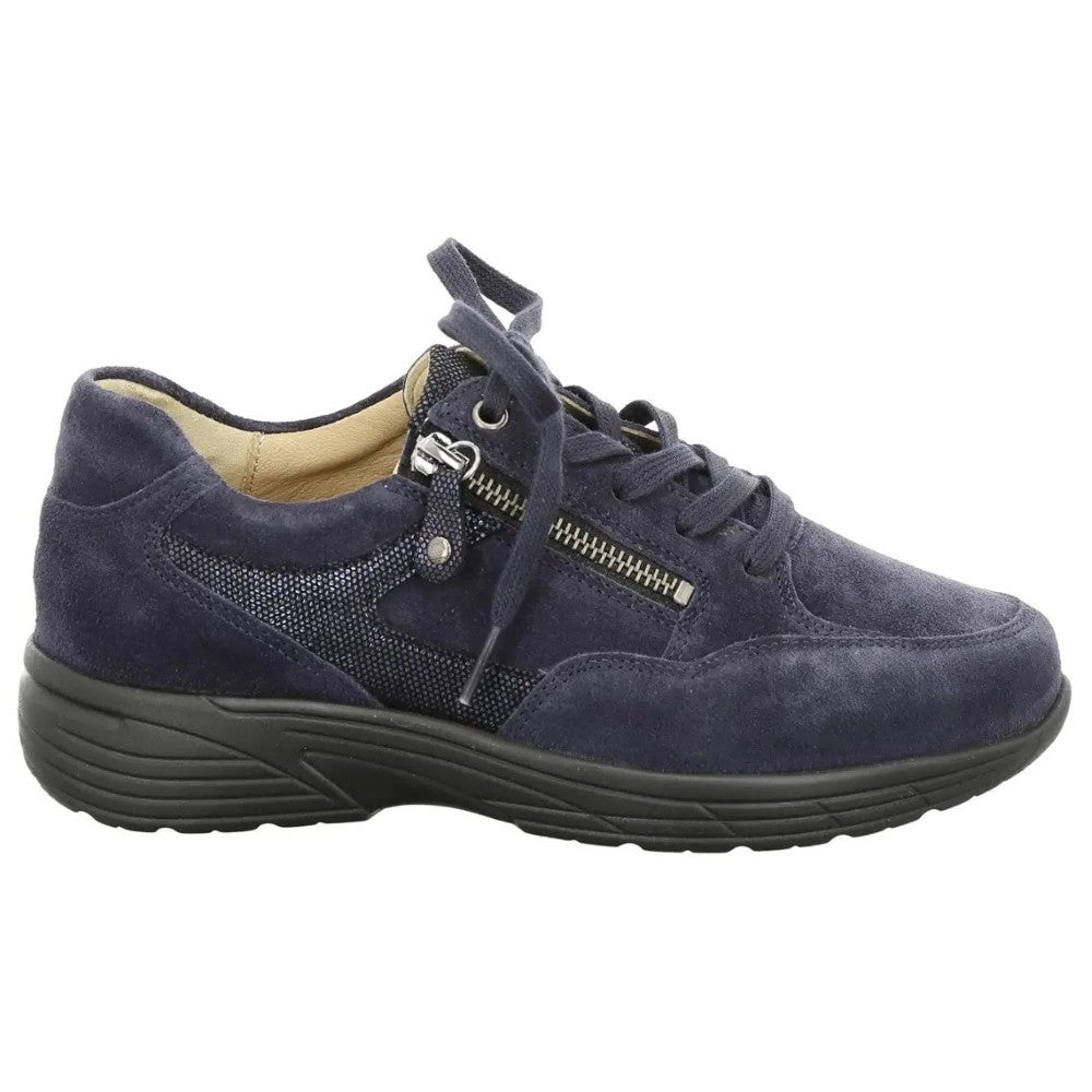 A Hartjes  navy blue extra wide sneaker with a side zipper, navy laces, and a black sole, shown from a side profile view on a white background.