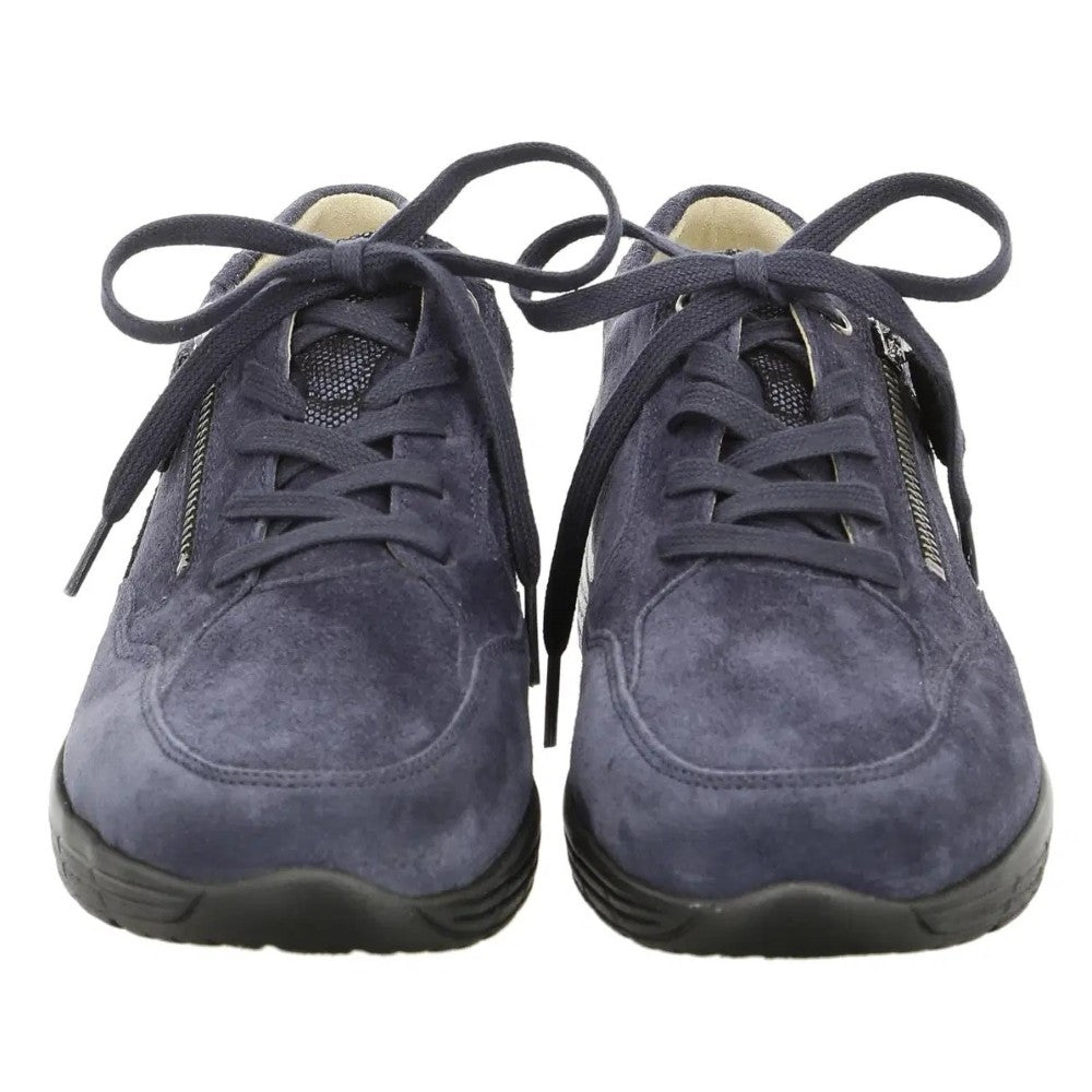 A pair of Hartjes navy blue suede sneakers with matching navy laces, side zippers, and black soles, shown against a plain white background.