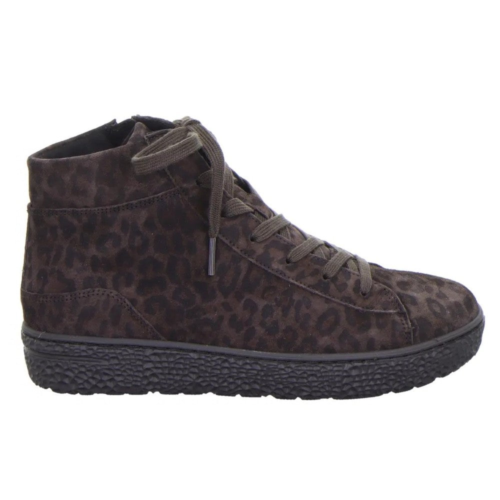 A Hartjes high-top sneaker boot featuring a dark brown and black leopard print pattern on a suede finish, with matching brown laces and a thick black textured sole.