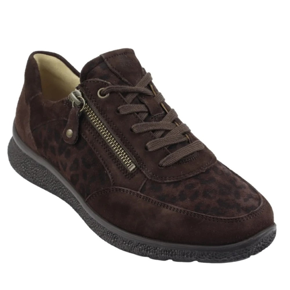 A Hartjes  dark brown Extra Wide sneaker with a mix of smooth suede and leopard-print fabric panels, featuring a side zipper, brown laces, and a textured black sole.