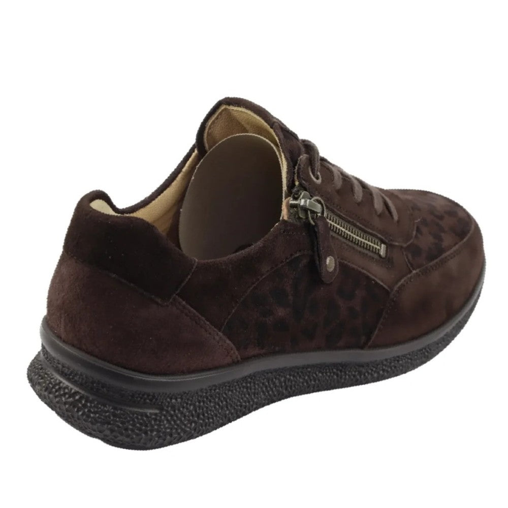 A Hartjes  dark brown Extra Wide sneaker with a mix of smooth suede and leopard-print fabric panels, featuring a side zipper, brown laces, and a textured black sole.