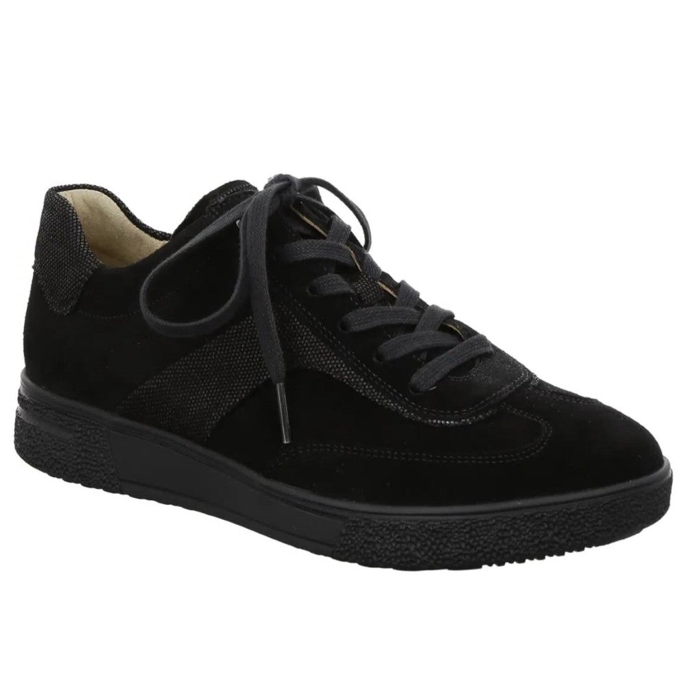 A Hartjes black low-top sneaker with a mix of suede and mesh textures, featuring black laces and a chunky black sole, shown against a plain white background.