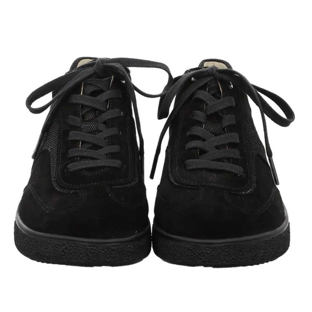 A pair of Hartjes black suede high-top sneakers with black laces and black textured soles, shown from the front on a white background.
