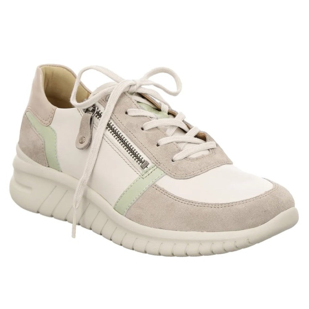 White and beige sneaker with green accents on a white background Hartjes Wave 162.2401 Lightweight Leather Lace-up H-Fit Beige