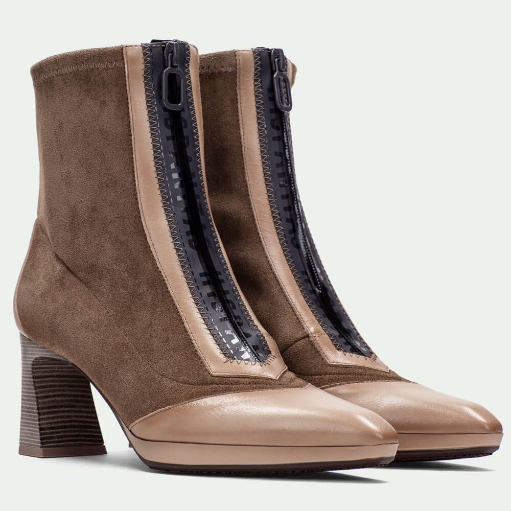 Brown suede ankle boot with a high heel on a light gray background Hispanitas Atlanta Centre Zip HI254186 Taupe ankle boots